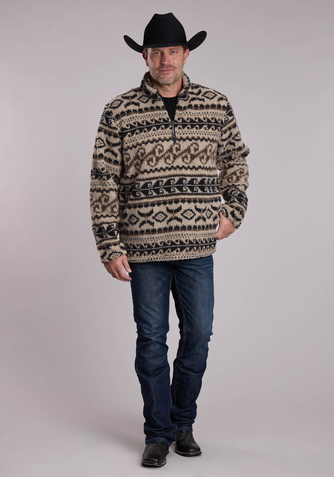 MENS ROPER CREAM AND BLACK PRINTED WESTERN SHERPA