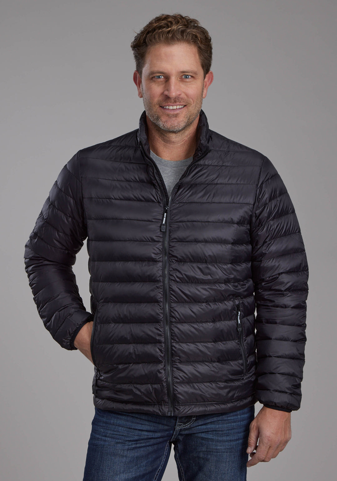 MENS BLACK NYLON DOWN PROOF COATED ZIPPER JACKET