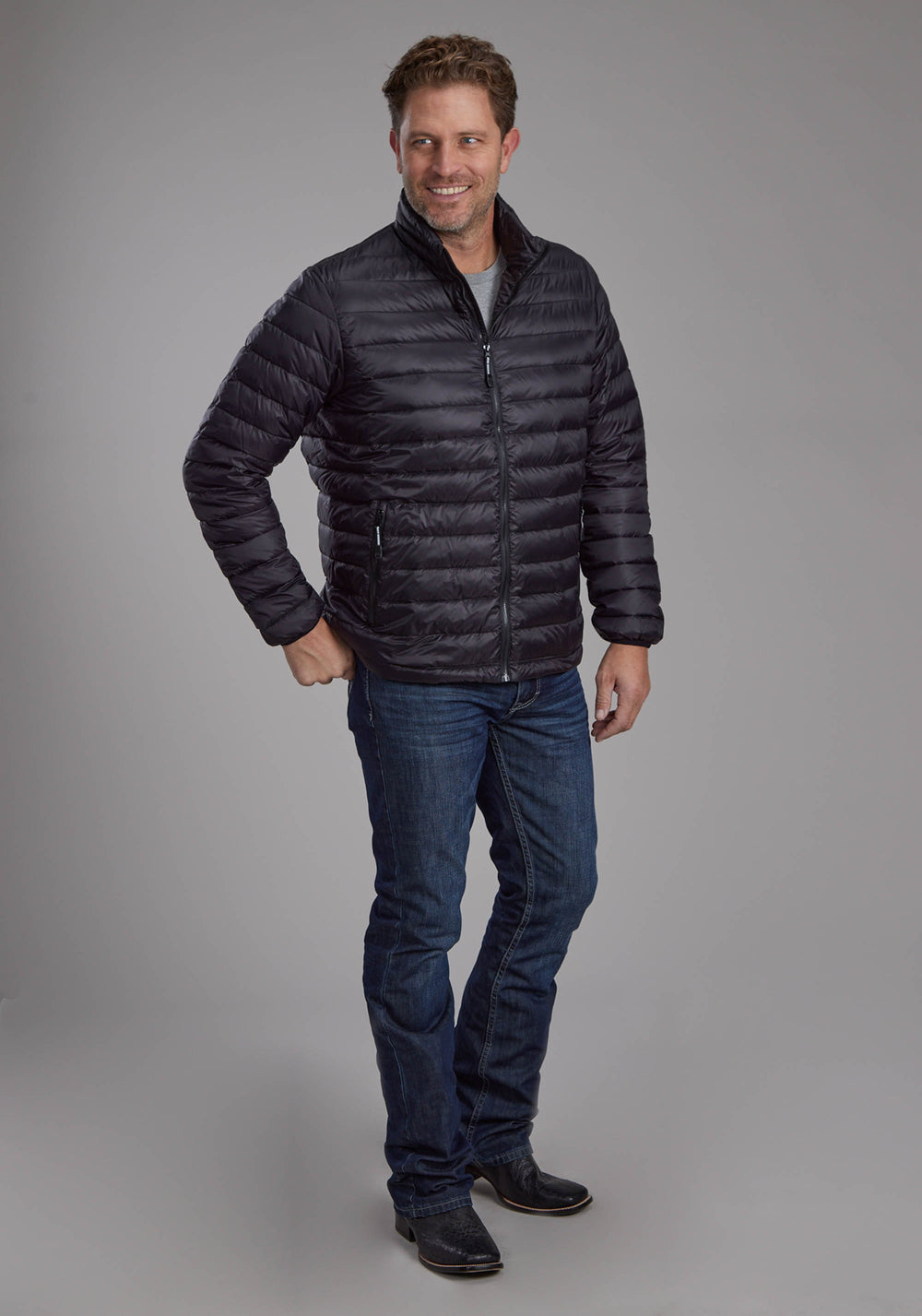 MENS BLACK NYLON DOWN PROOF COATED ZIPPER JACKET