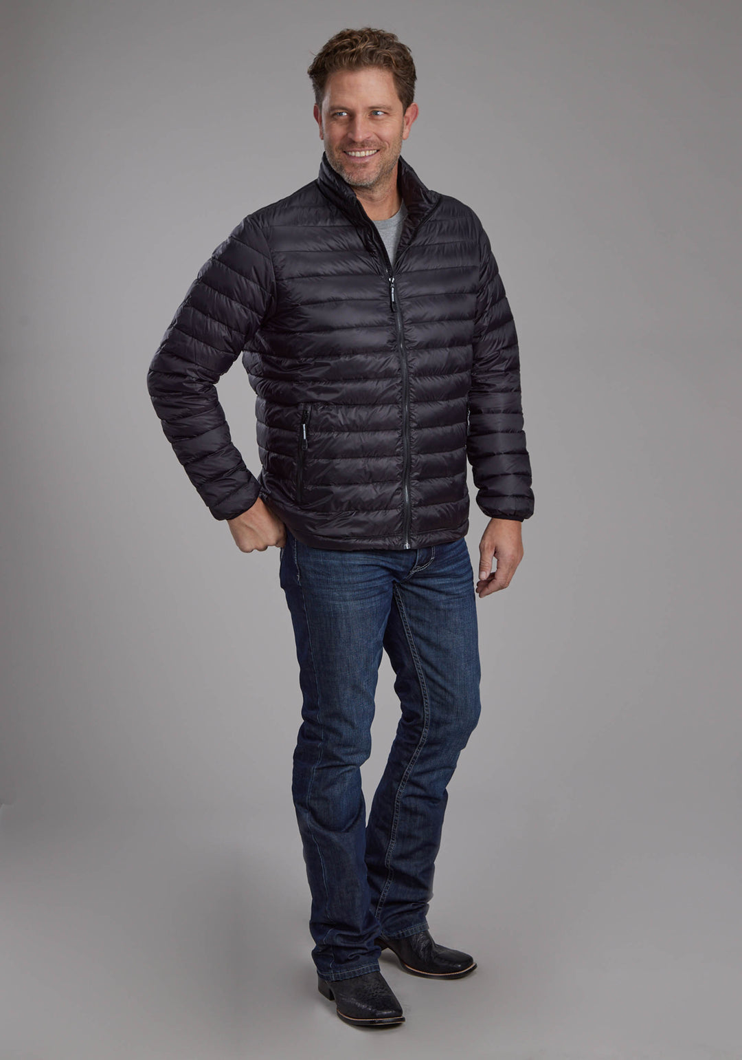 MENS BLACK NYLON DOWN PROOF COATED ZIPPER JACKET