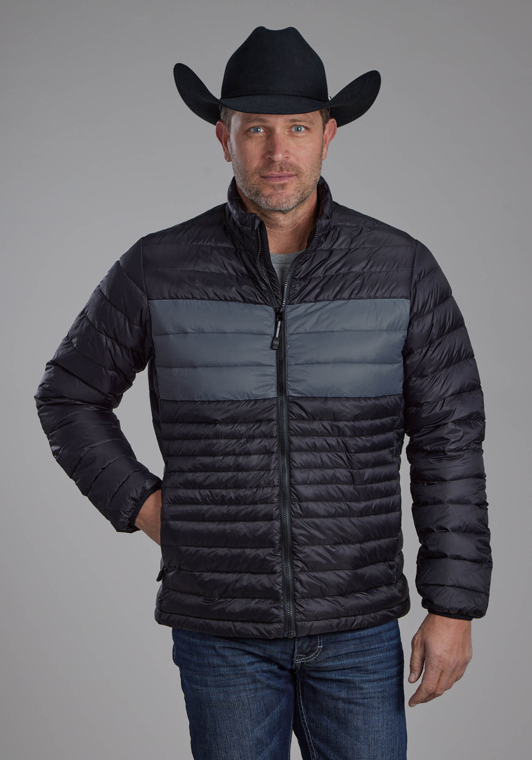 MENS BLACK NYLON DOWN ZIPPER JACKET