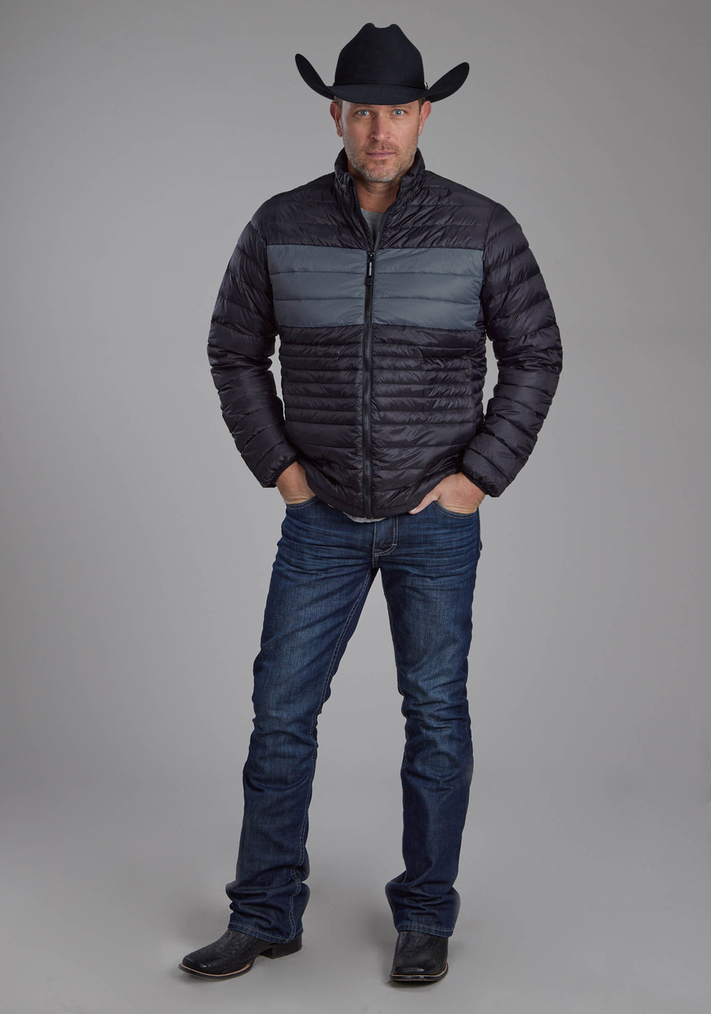 MENS BLACK NYLON DOWN ZIPPER JACKET