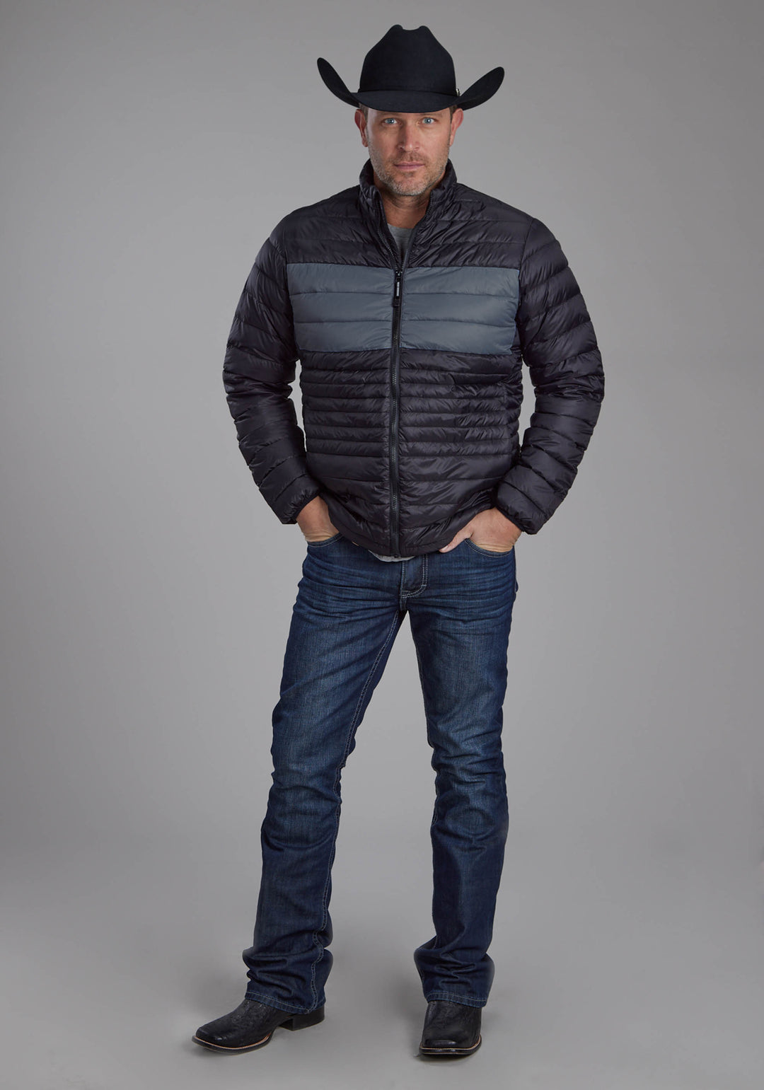 MENS BLACK NYLON DOWN ZIPPER JACKET