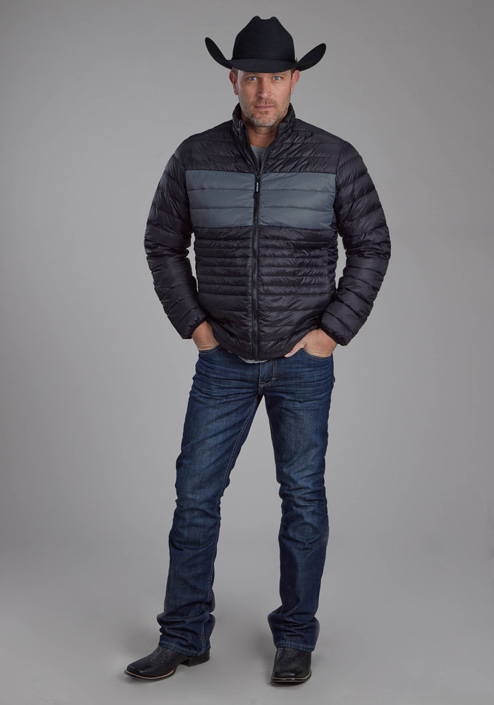 MENS BLACK NYLON DOWN ZIPPER JACKET