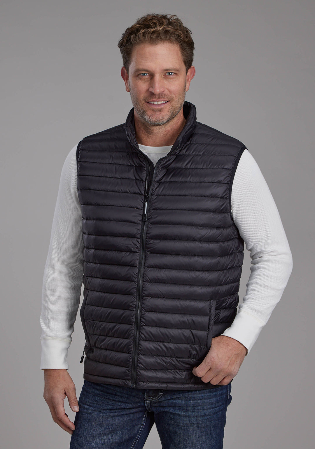 MENS BLACK NYLON DOWN PROOF COATED ZIPPER VEST