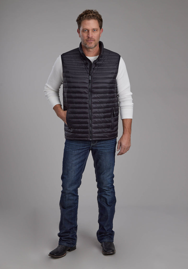 MENS BLACK NYLON DOWN PROOF COATED ZIPPER VEST