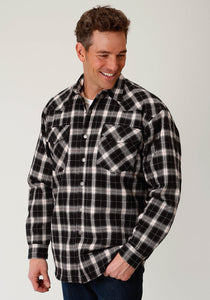 MENS BLACK AND CREAM PLAID QUILT LINED SNAP WESTERN SHIRT JACKET - TALL FIT
