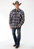 MENS GREY NAVY AND BROWN PLAID SHERPA LINED FLANNEL SNAP WESTERN SHIRT TALL FIT