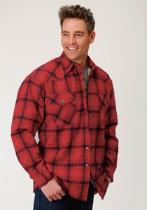MENS RED AND NAVY PLAID QUILT LINED SNAP WESTERN SHIRT JACKET - TALL FIT