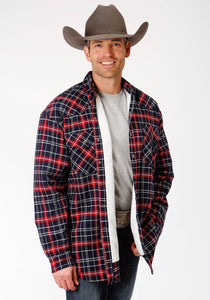 MENS RED AND NAVY PLAID FLANNEL SHERPA LINED  SNAP WESTERN SHIRT JACKET - TALL FIT