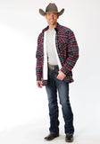 MENS RED AND NAVY PLAID FLANNEL SHERPA LINED  SNAP WESTERN SHIRT JACKET - TALL FIT