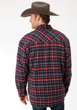 MENS RED AND NAVY PLAID FLANNEL SHERPA LINED  SNAP WESTERN SHIRT JACKET - TALL FIT