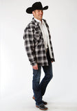 MENS BLACK AND GRAY PLAID FLANNEL  SNAP WESTERN SHIRT JACKET - TALL FIT