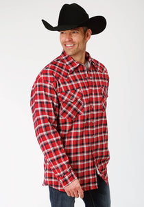 MENS NAVY RED AND WHITE PLAID FLANNEL SHERPA LINED SNAP WESTERN SHIRT JACKET - TALL FIT