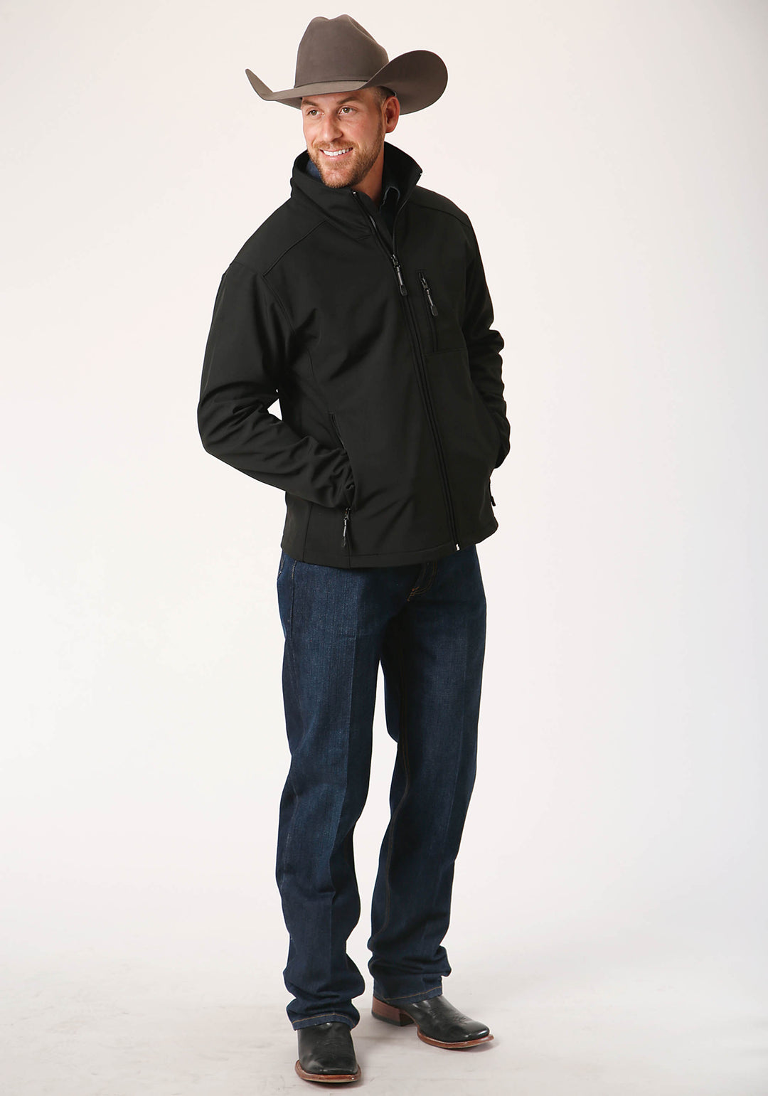 MENS BLACK SOFTSHELL WITH BLACK LINING ZIP FRONT JACKET