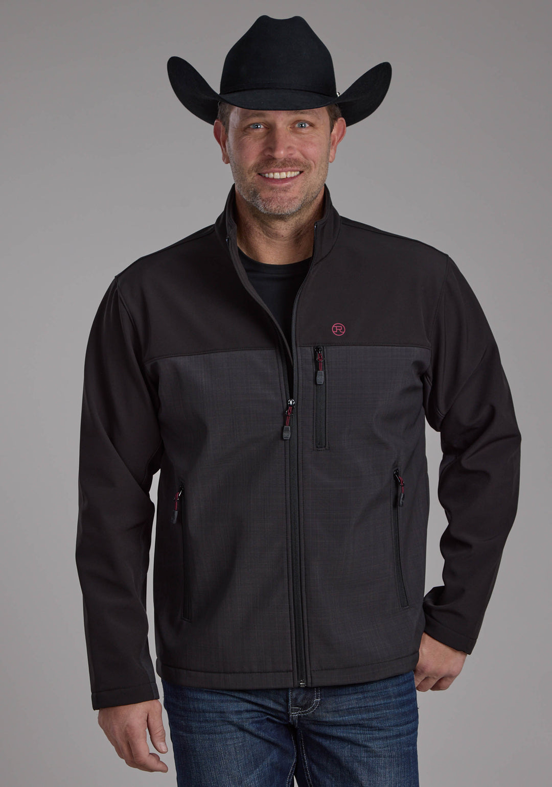 MENS GRAY BLACK PIECED SOFTSHELL ZIPPER JACKET