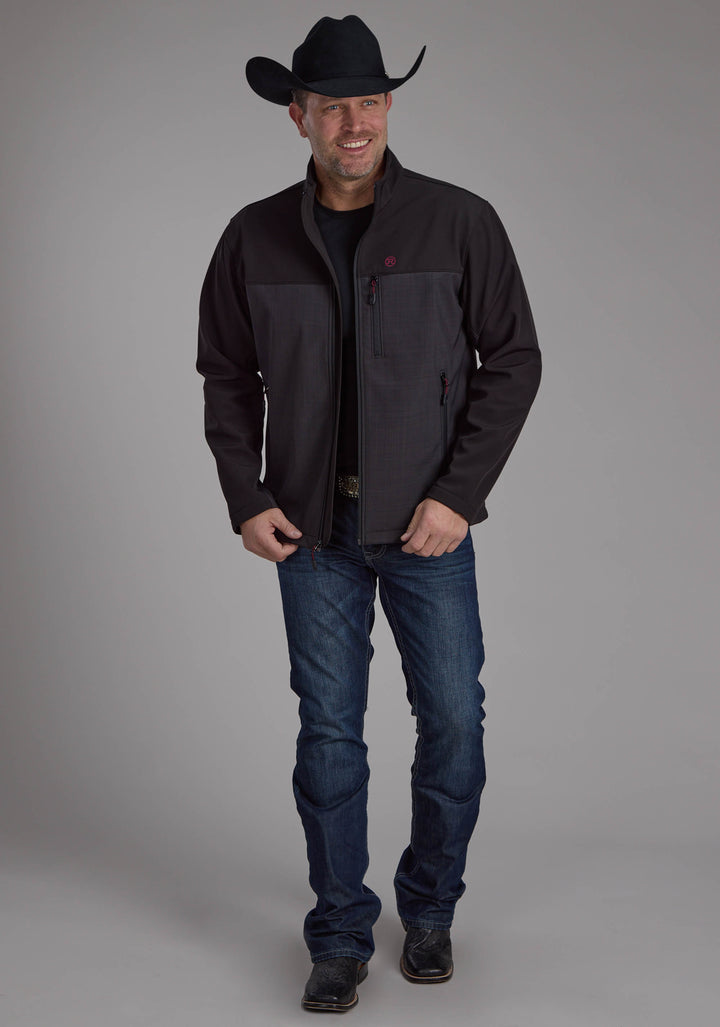 MENS GRAY BLACK PIECED SOFTSHELL ZIPPER JACKET