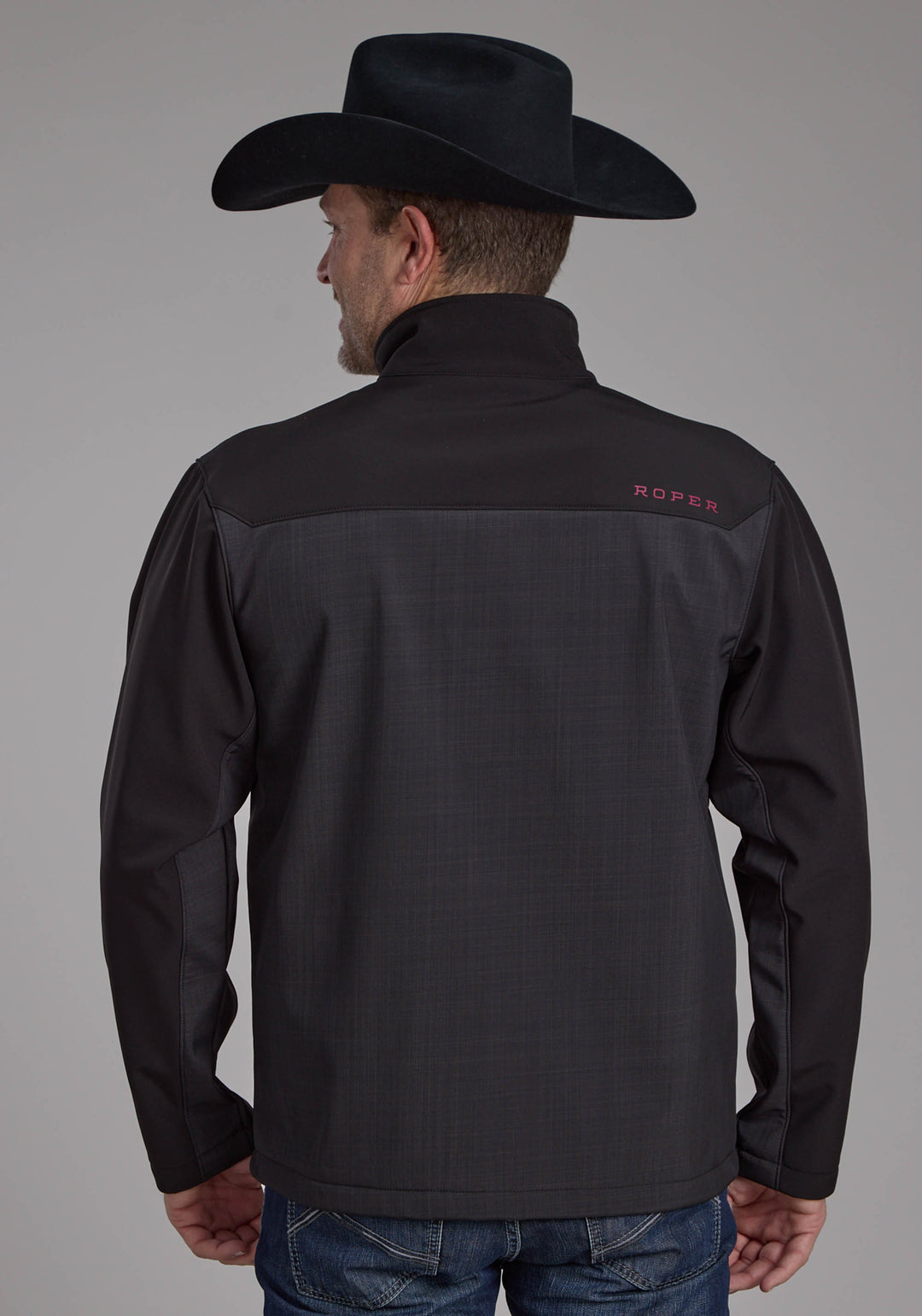 MENS GRAY BLACK PIECED SOFTSHELL ZIPPER JACKET