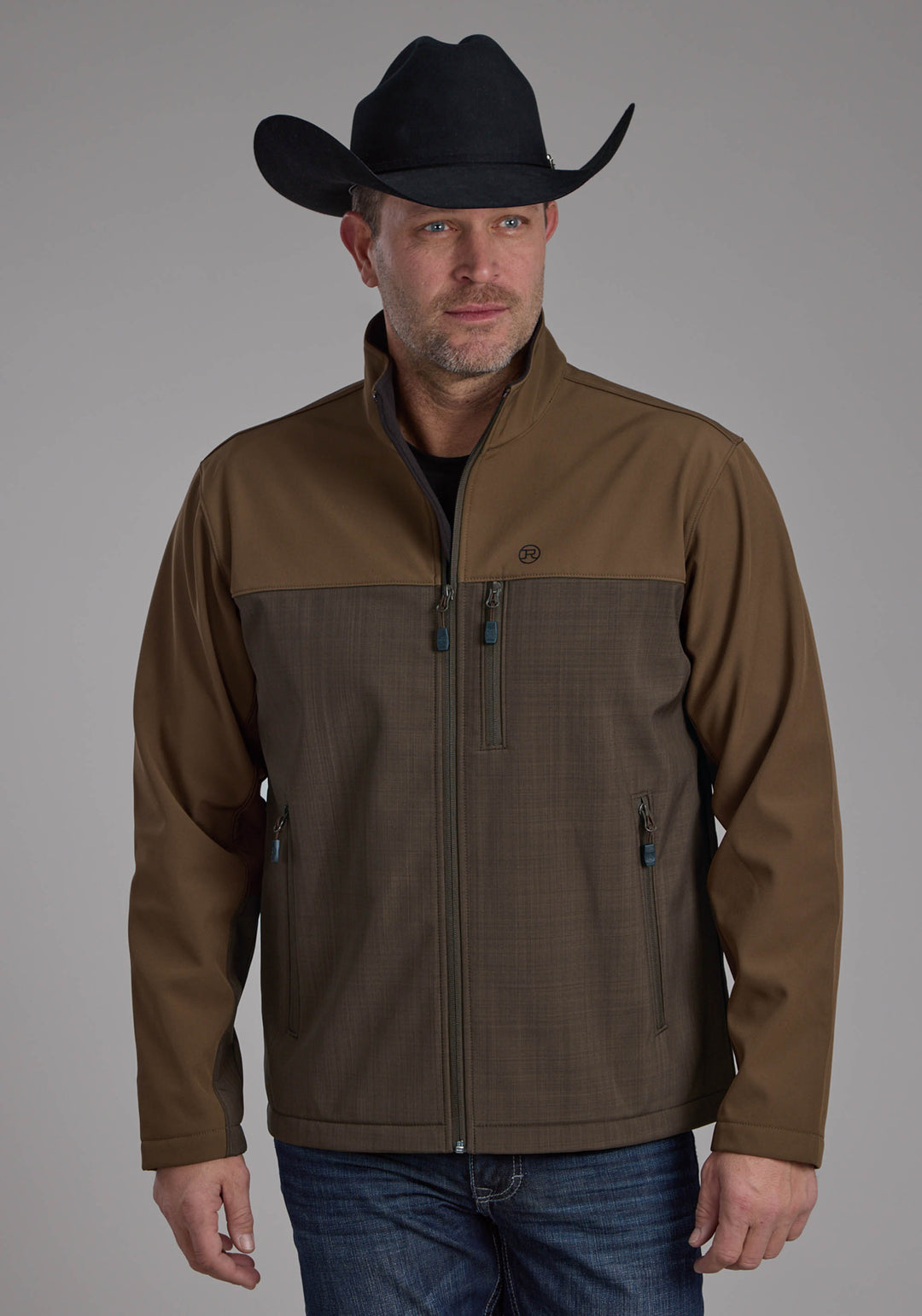 MENS BROWN CHOCOLATE PIECED SOFTSHELL ZIPPER JACKET
