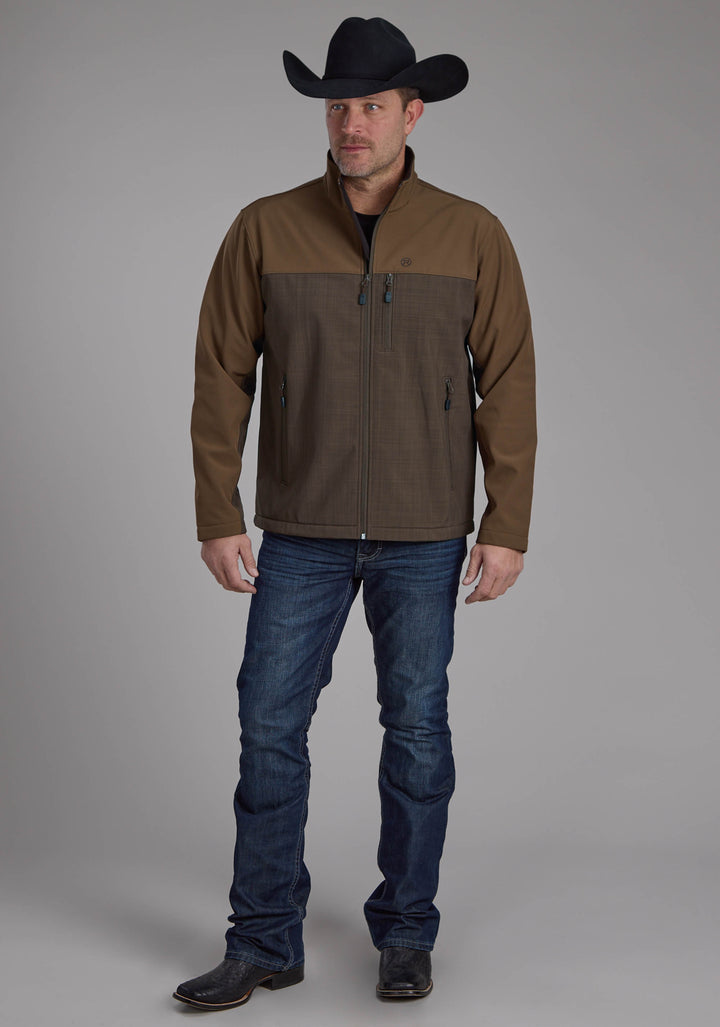 MENS BROWN CHOCOLATE PIECED SOFTSHELL ZIPPER JACKET