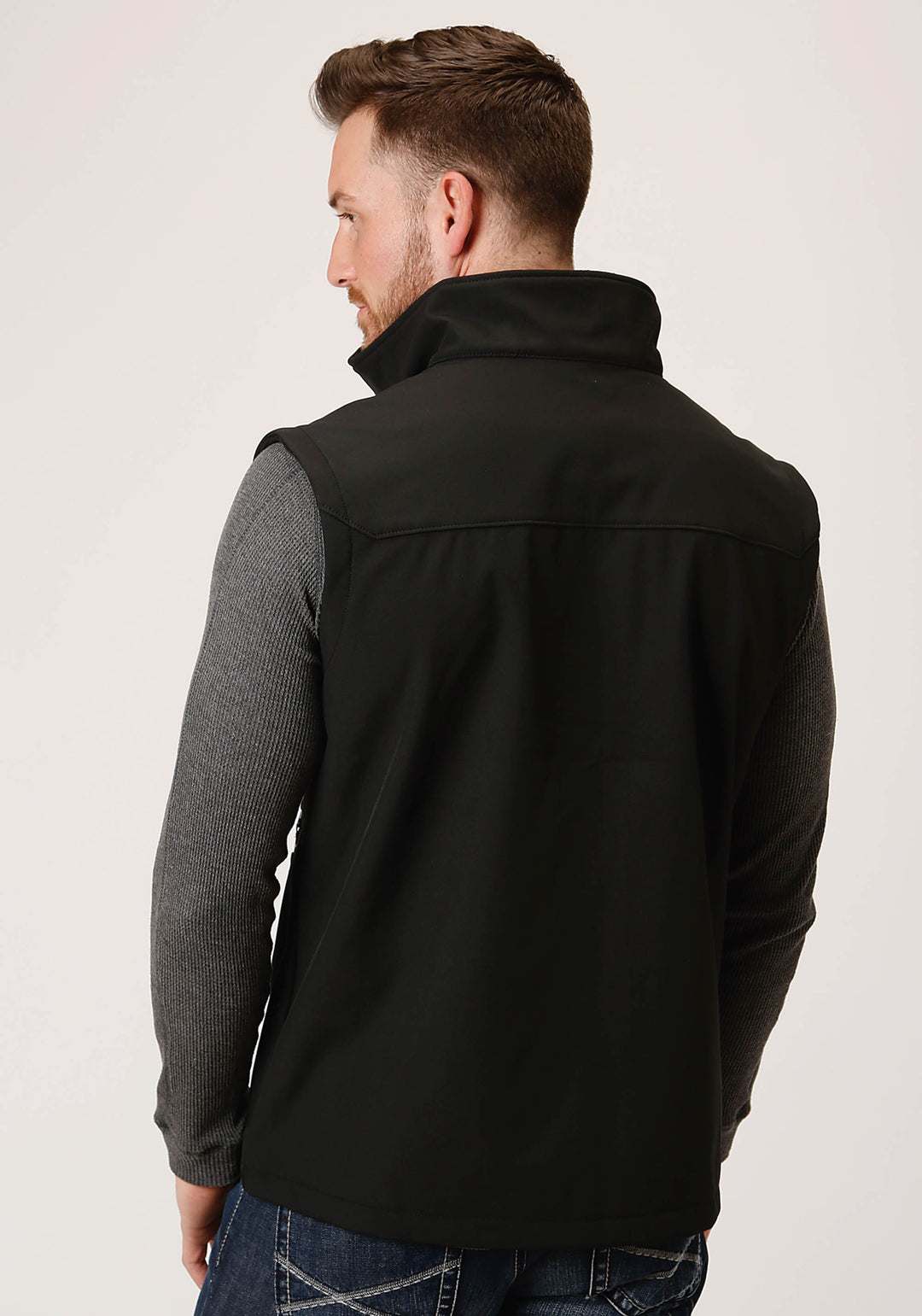 MENS BLACK SOFTSHELL WITH BLACK LINING ZIP FRONT VEST