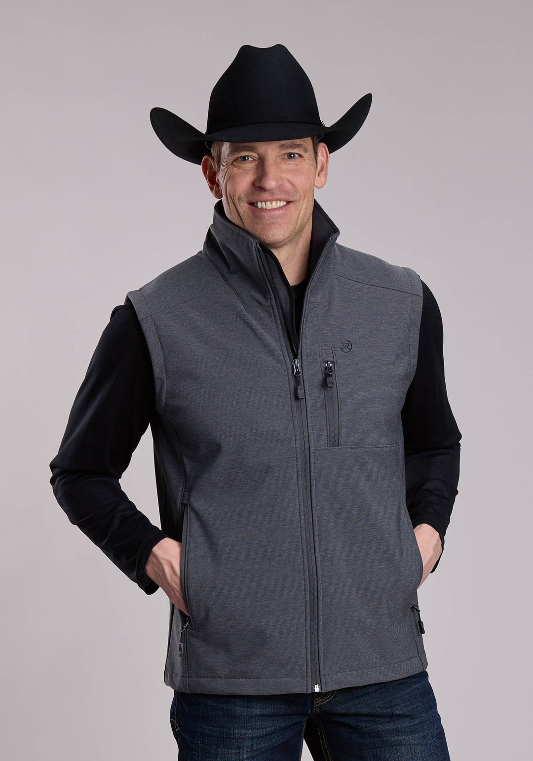 MENS ROPER TEXTURED CHARCOAL SOFTSHELL WESTERN VEST