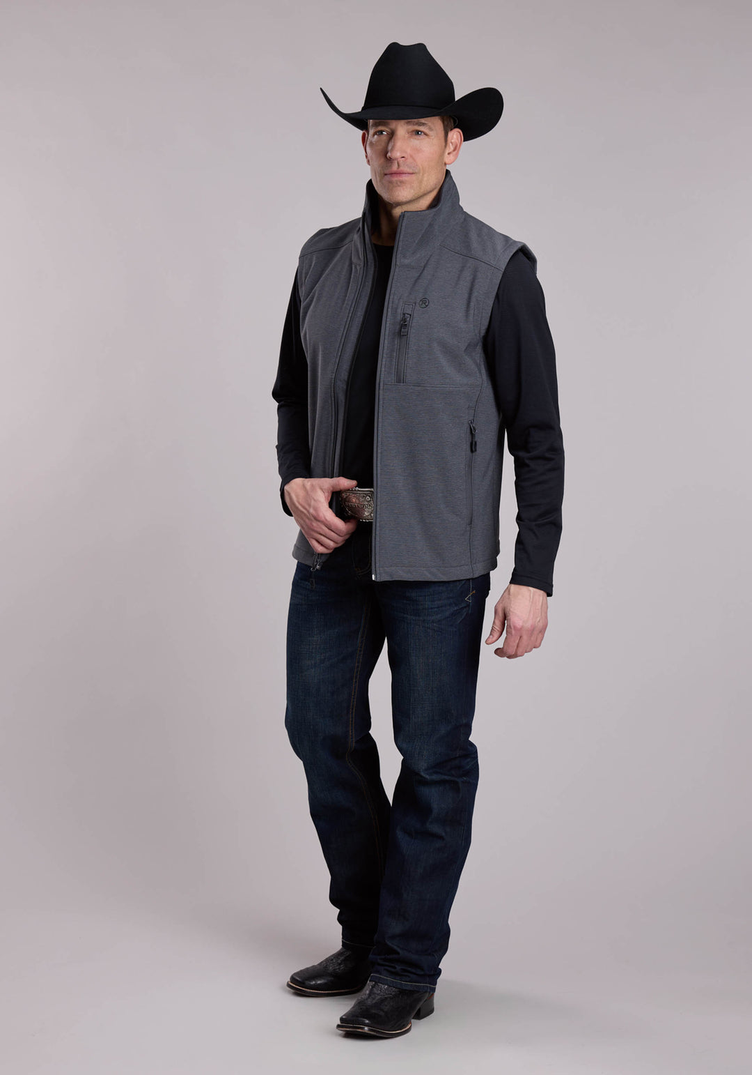 MENS ROPER TEXTURED CHARCOAL SOFTSHELL WESTERN VEST