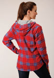 WOMENS SNAP THERMAL LINED FLANNEL SHIRT JACKET CORAL BLUE WHITE PLAID