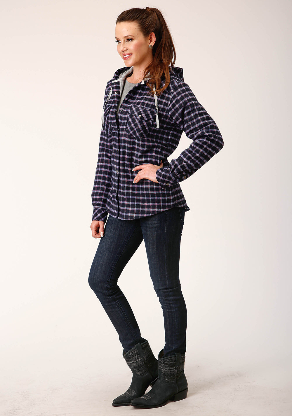 WOMENS SNAP THERMAL LINED FLANNEL SHIRT JACKET NAVY PINK WHITE PLAID