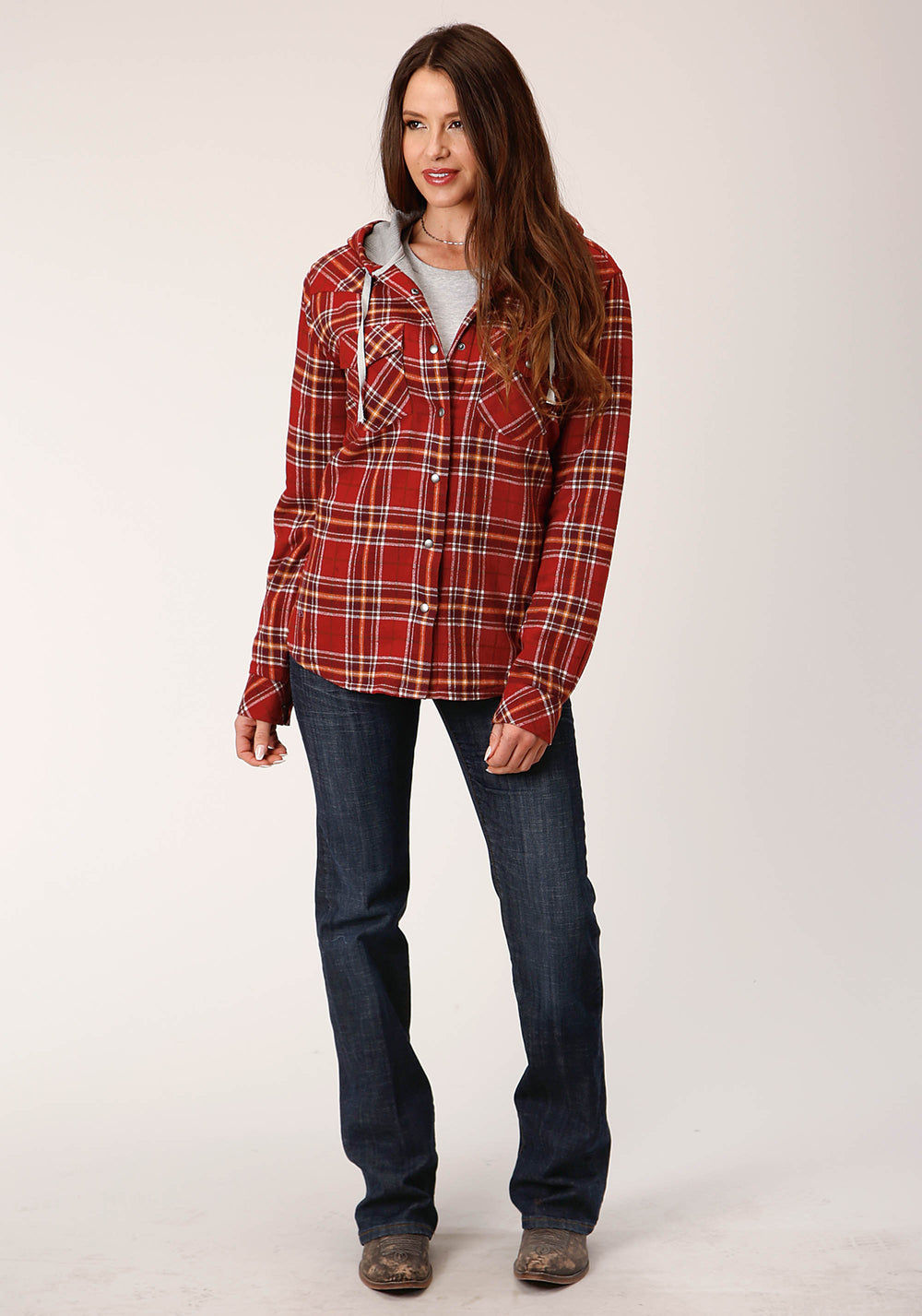 WOMENS SNAP THERMAL LINED FLANNEL SHIRT JACKET RUST WINE GOLD PLAID