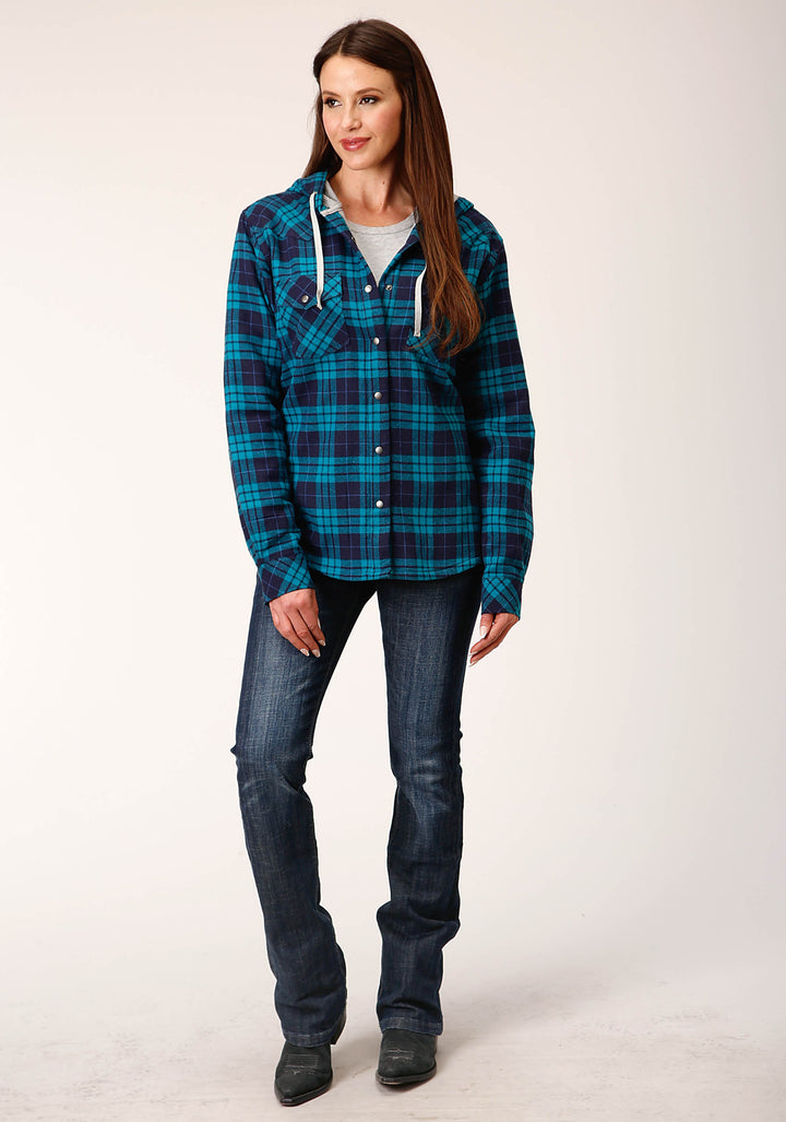 WOMENS SNAP THERMAL LINED FLANNEL SHIRT JACKET TURQUOISE NAVY PLAID
