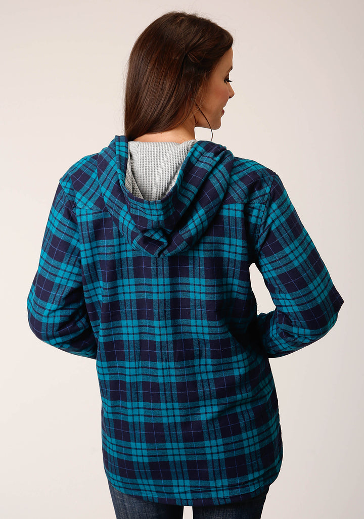 WOMENS SNAP THERMAL LINED FLANNEL SHIRT JACKET TURQUOISE NAVY PLAID