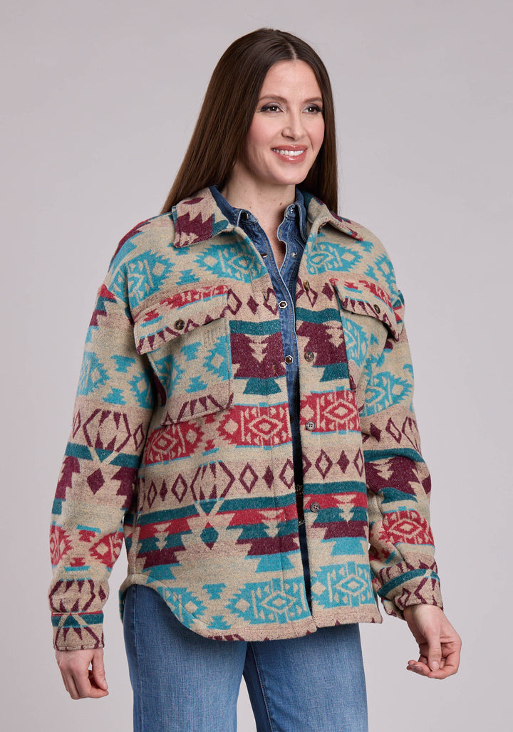 WOMENS JACKET BUTTON WOVEN AZTEC CREAM CO TURQUOISE SHIRT WESTERN JACKET