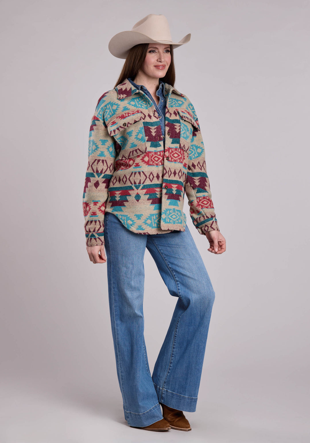 WOMENS JACKET BUTTON WOVEN AZTEC CREAM CO TURQUOISE SHIRT WESTERN JACKET