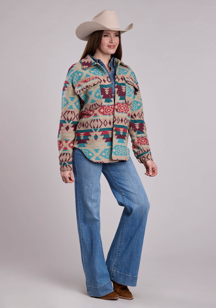 WOMENS JACKET BUTTON WOVEN AZTEC CREAM CO TURQUOISE SHIRT WESTERN JACKET