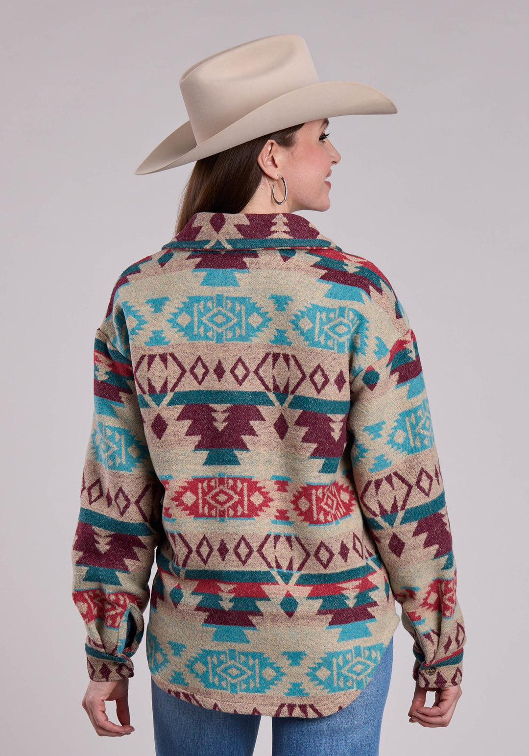 WOMENS JACKET BUTTON WOVEN AZTEC CREAM CO TURQUOISE SHIRT WESTERN JACKET