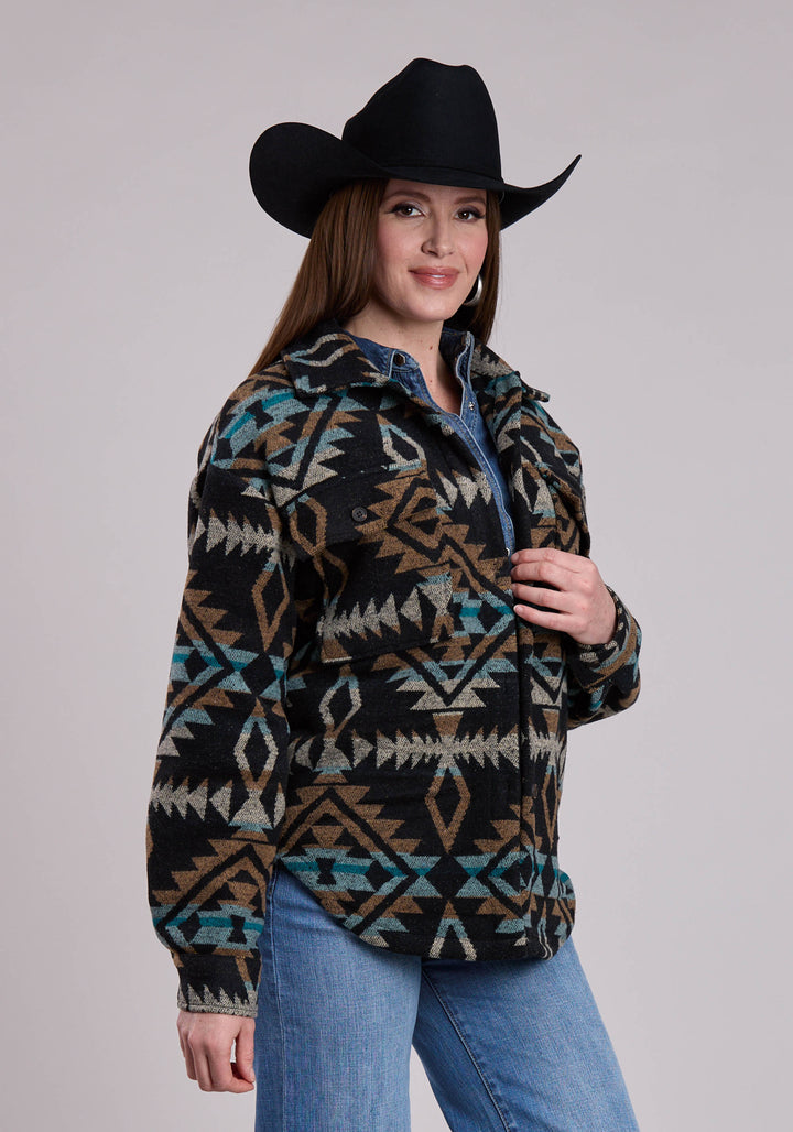 WOMENS ROPER WOVEN AZTEC BLACK TURQUOISE  BROWN SHIRT JACKET