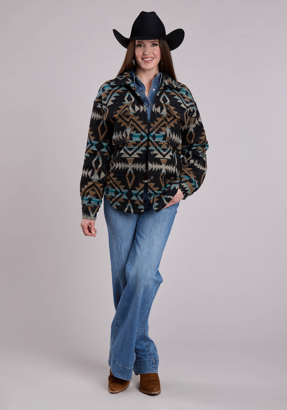 WOMENS ROPER WOVEN AZTEC BLACK TURQUOISE  BROWN SHIRT JACKET
