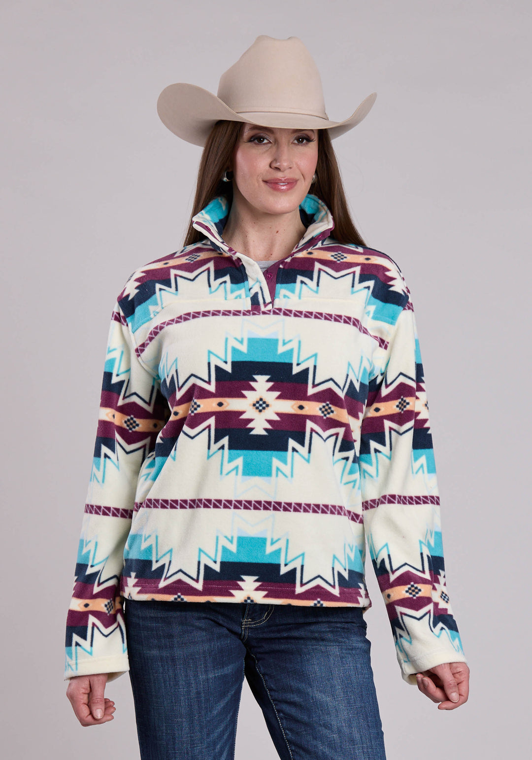 WOMENS JACKET SNAP LARGE AZTEC PRINT FLEECE PULLOVER WESTERN JACKET
