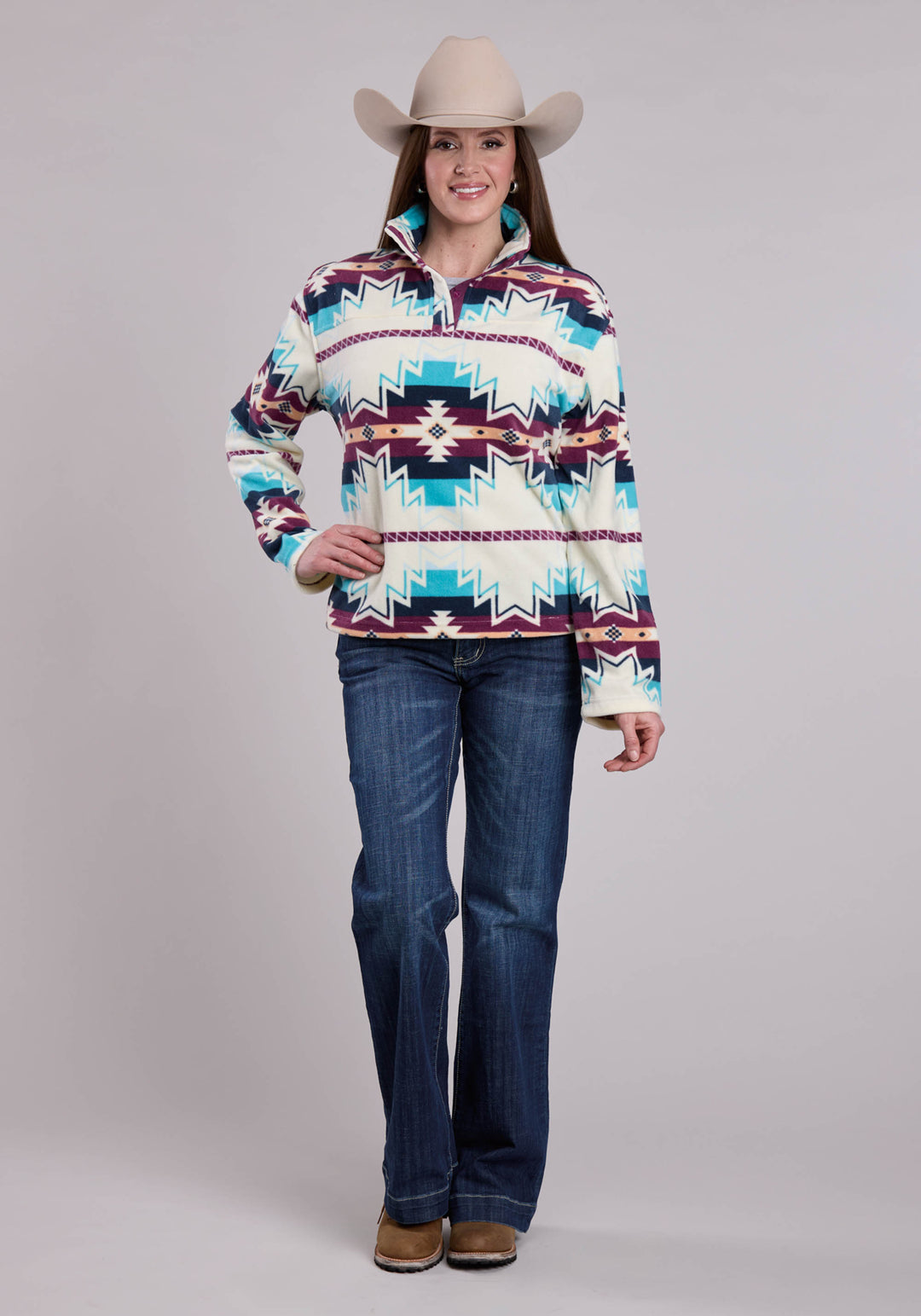 WOMENS JACKET SNAP LARGE AZTEC PRINT FLEECE PULLOVER WESTERN JACKET