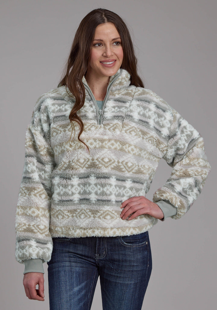 WOMENS TAUPE GRAY FUZZY AZTEC POLAR FLEECE ZIPPER JACKET