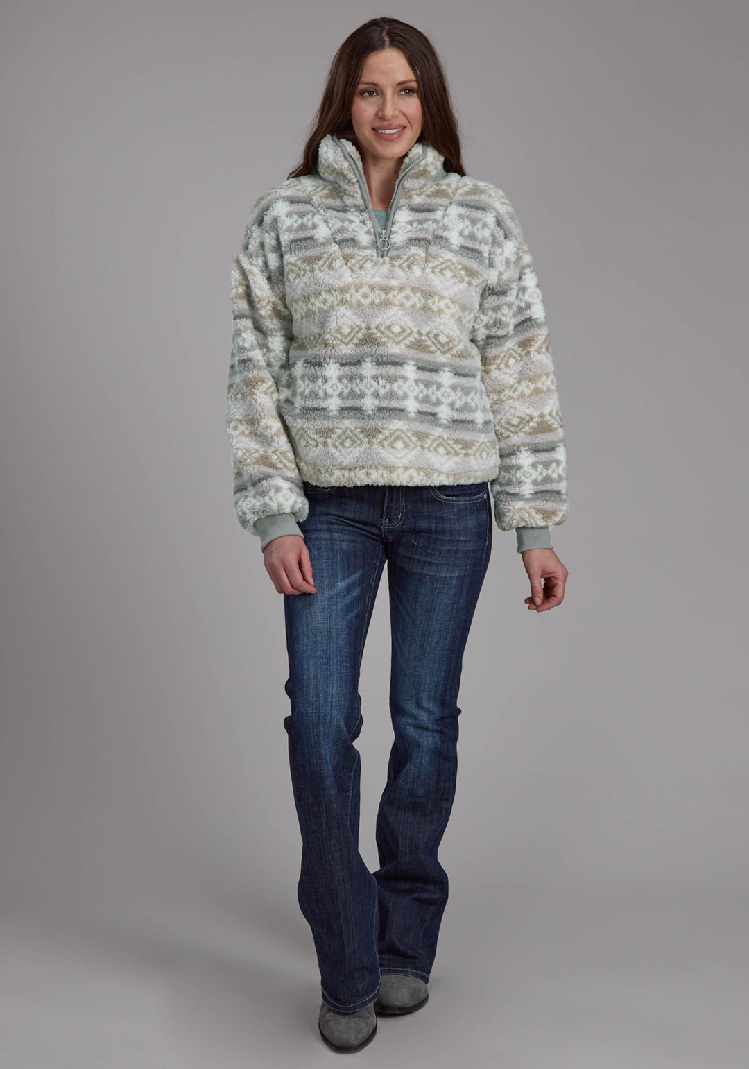 WOMENS TAUPE GRAY FUZZY AZTEC POLAR FLEECE ZIPPER JACKET