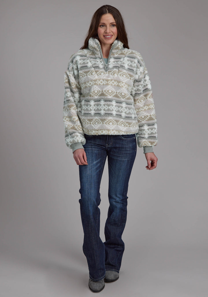 WOMENS TAUPE GRAY FUZZY AZTEC POLAR FLEECE ZIPPER JACKET