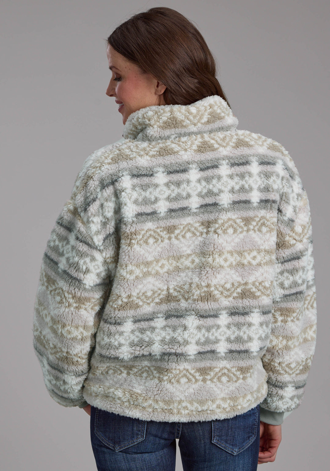 WOMENS TAUPE GRAY FUZZY AZTEC POLAR FLEECE ZIPPER JACKET