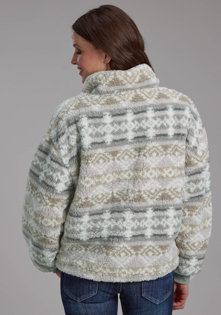 WOMENS TAUPE GRAY FUZZY AZTEC POLAR FLEECE ZIPPER JACKET
