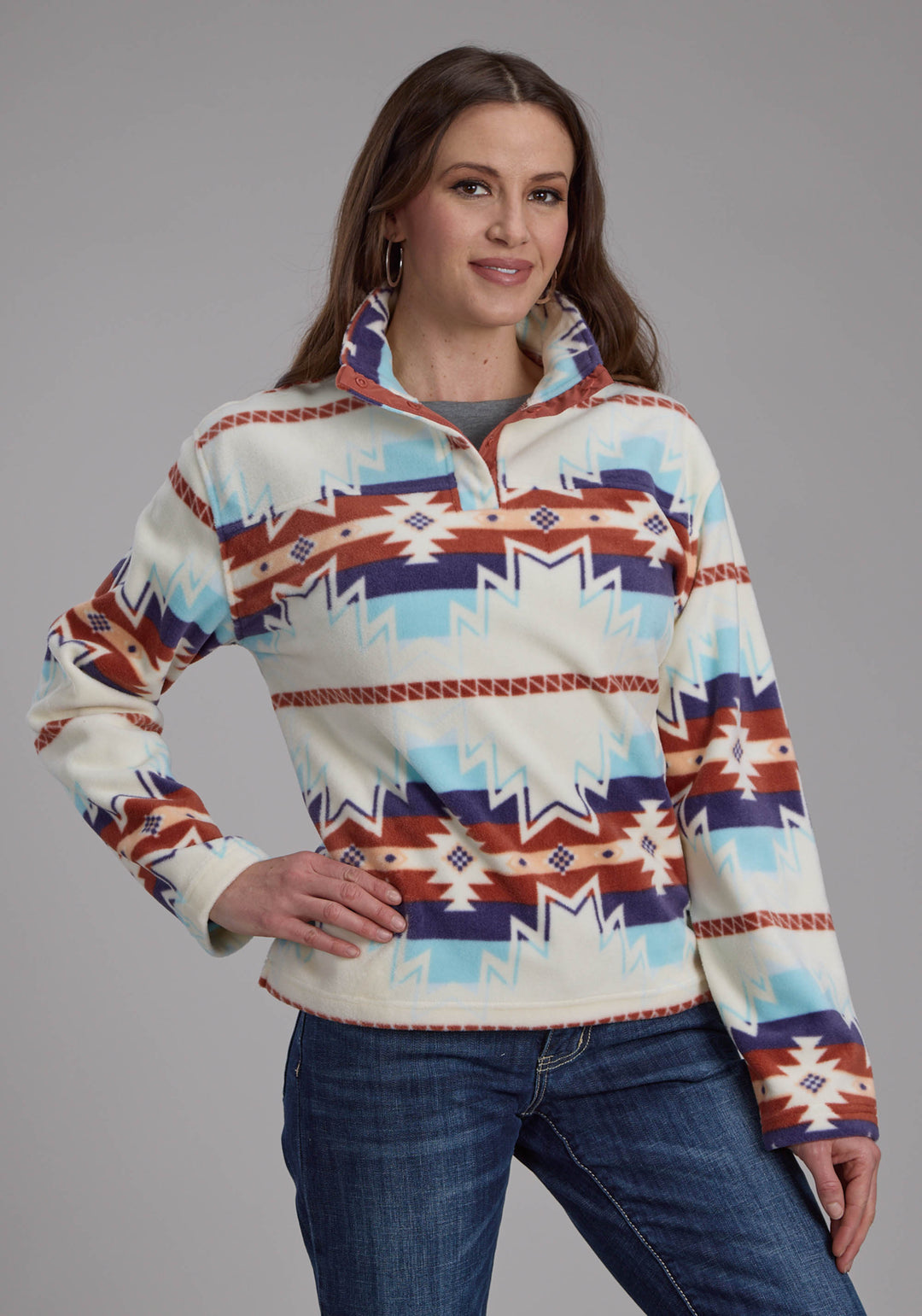WOMENS LG CREAM AZTEC PRINTED FLEECE SNAP JACKET