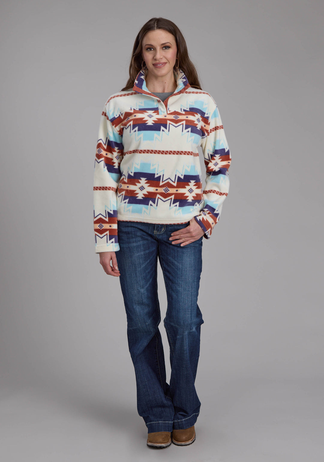 WOMENS LG CREAM AZTEC PRINTED FLEECE SNAP JACKET
