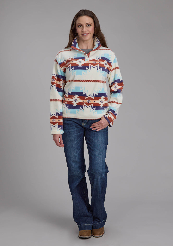 WOMENS LG CREAM AZTEC PRINTED FLEECE SNAP JACKET