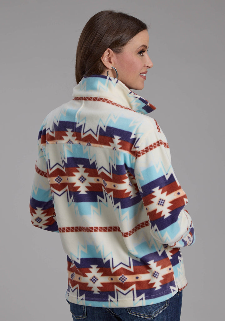 WOMENS LG CREAM AZTEC PRINTED FLEECE SNAP JACKET