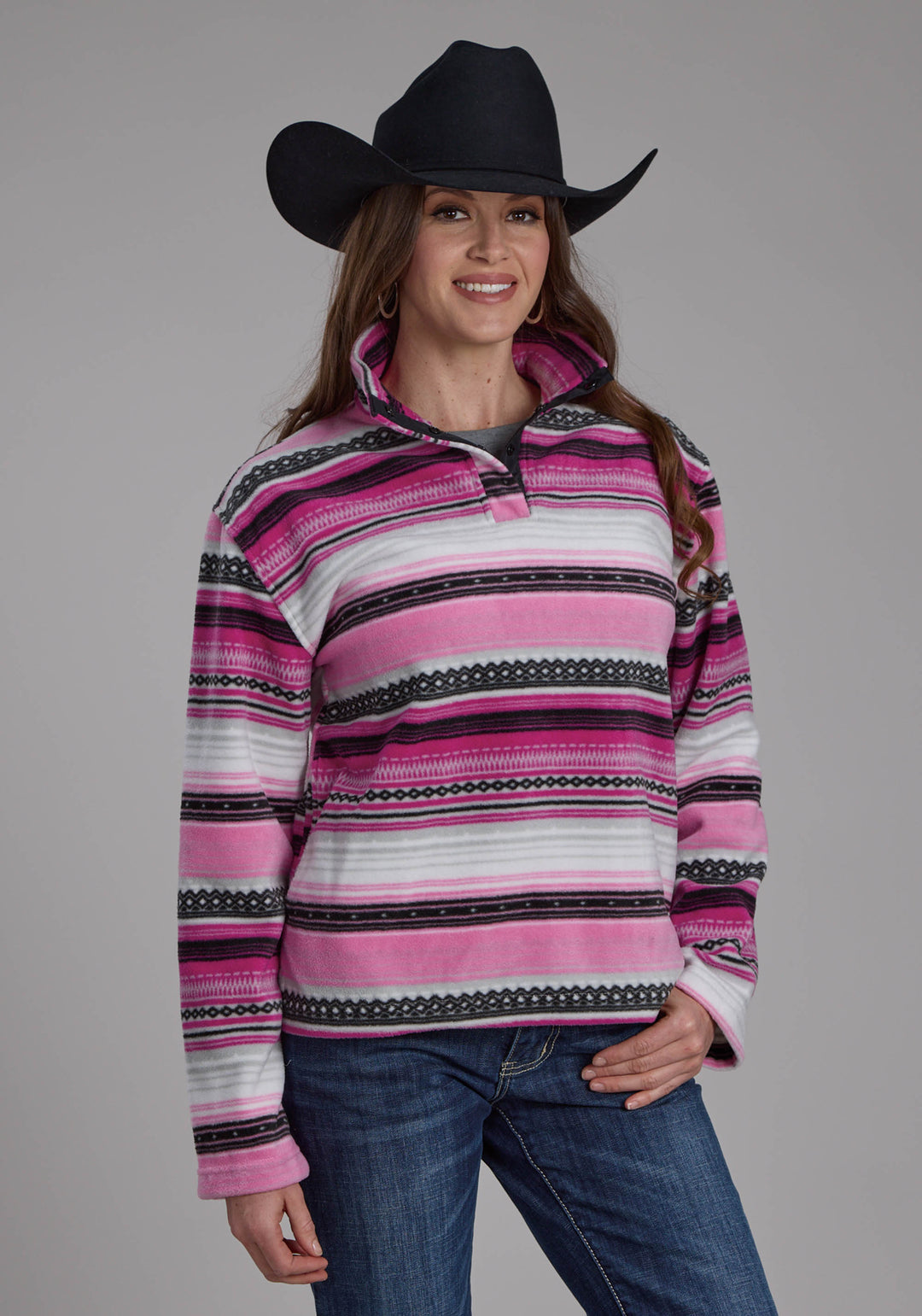 WOMENS PIINK BLACK AZTEC PRINTED AZTEC SNAP JACKET